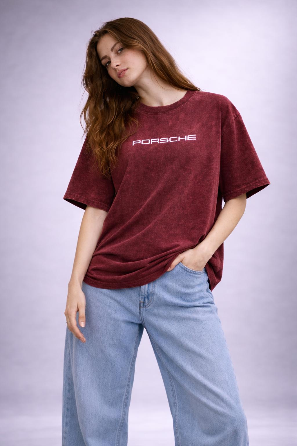 Porshe  Maroon Acid Wash Graphic Tee