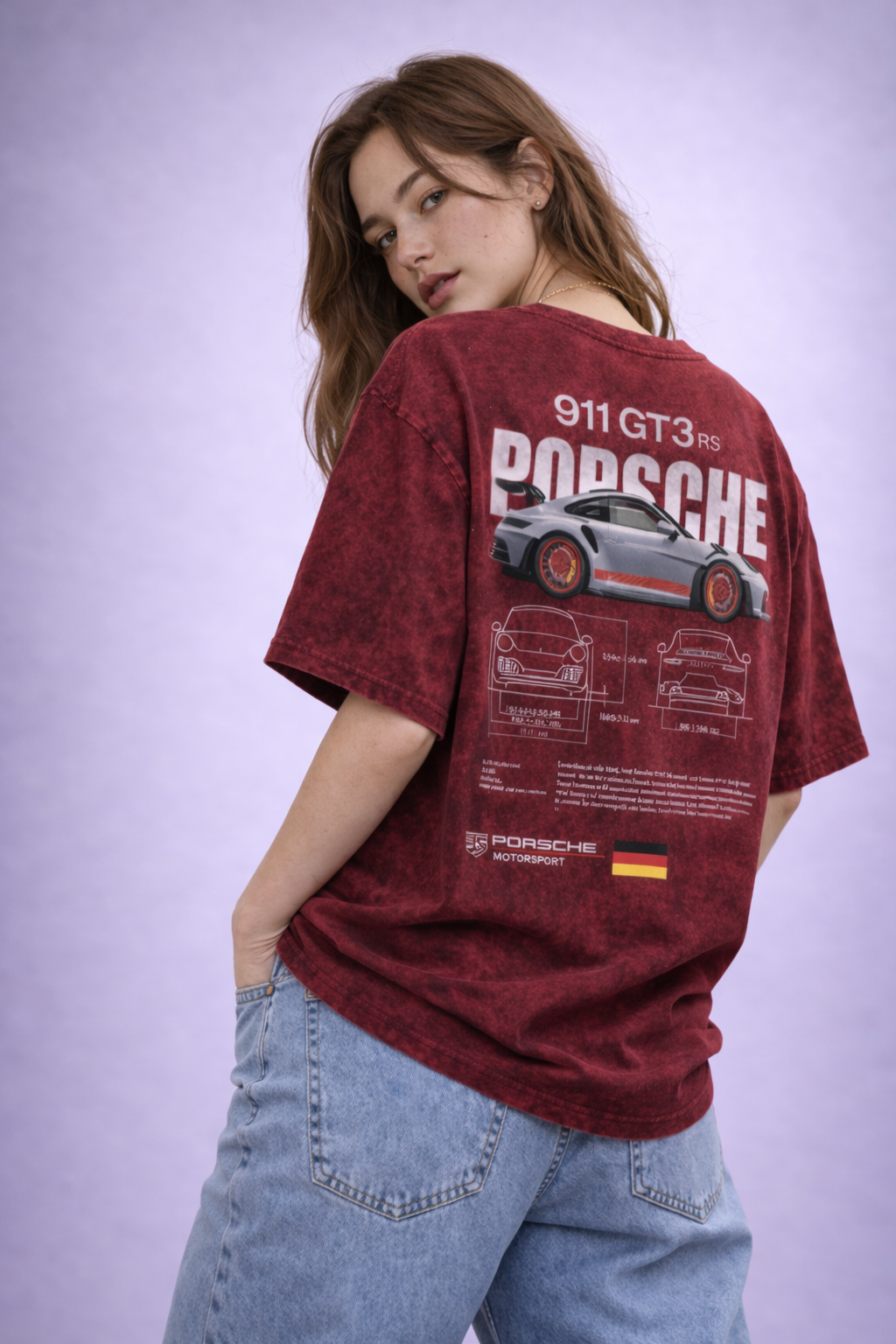 Porshe  Maroon Acid Wash Graphic Tee