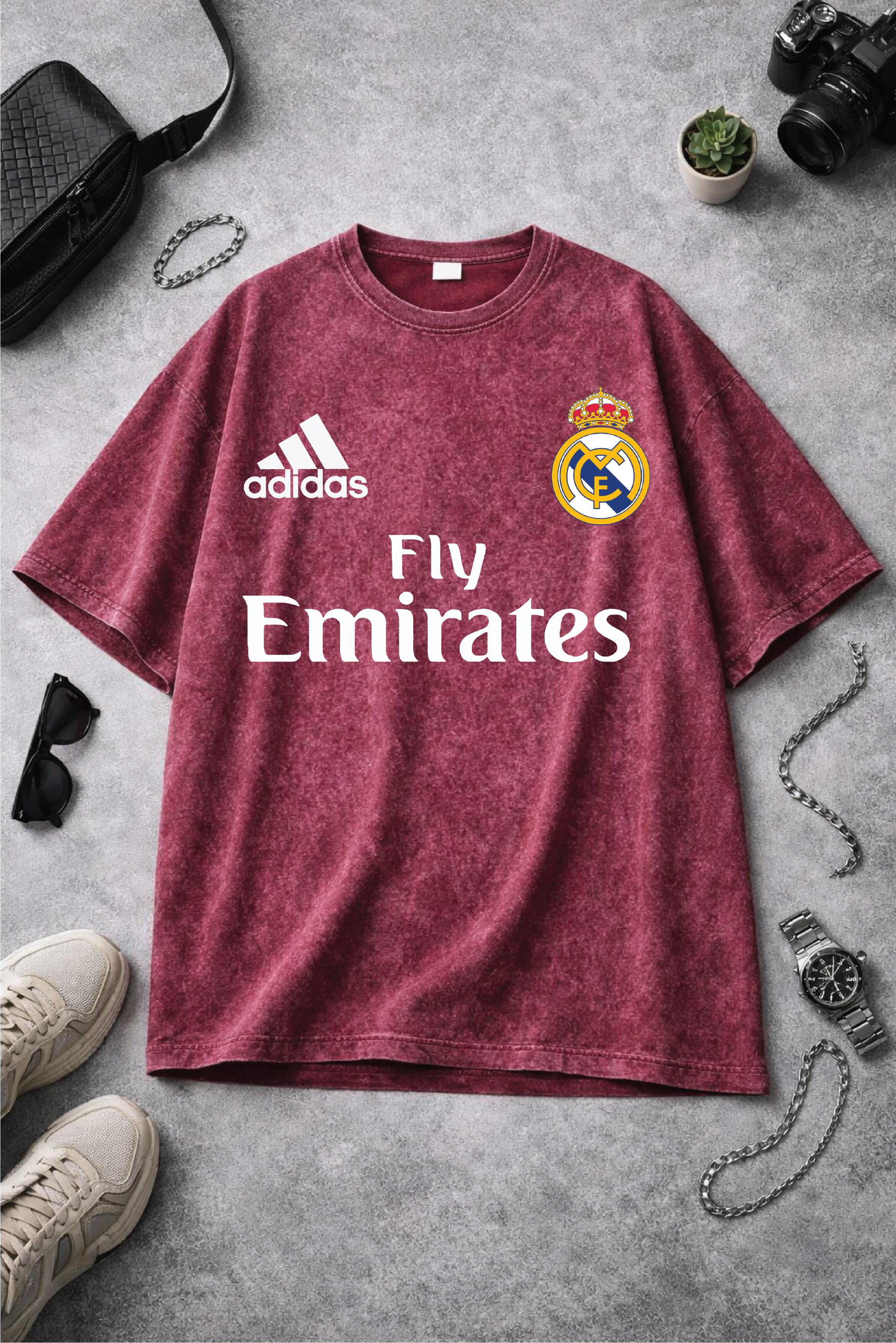 Real Madrid Maroon Acid Wash Graphic Tee