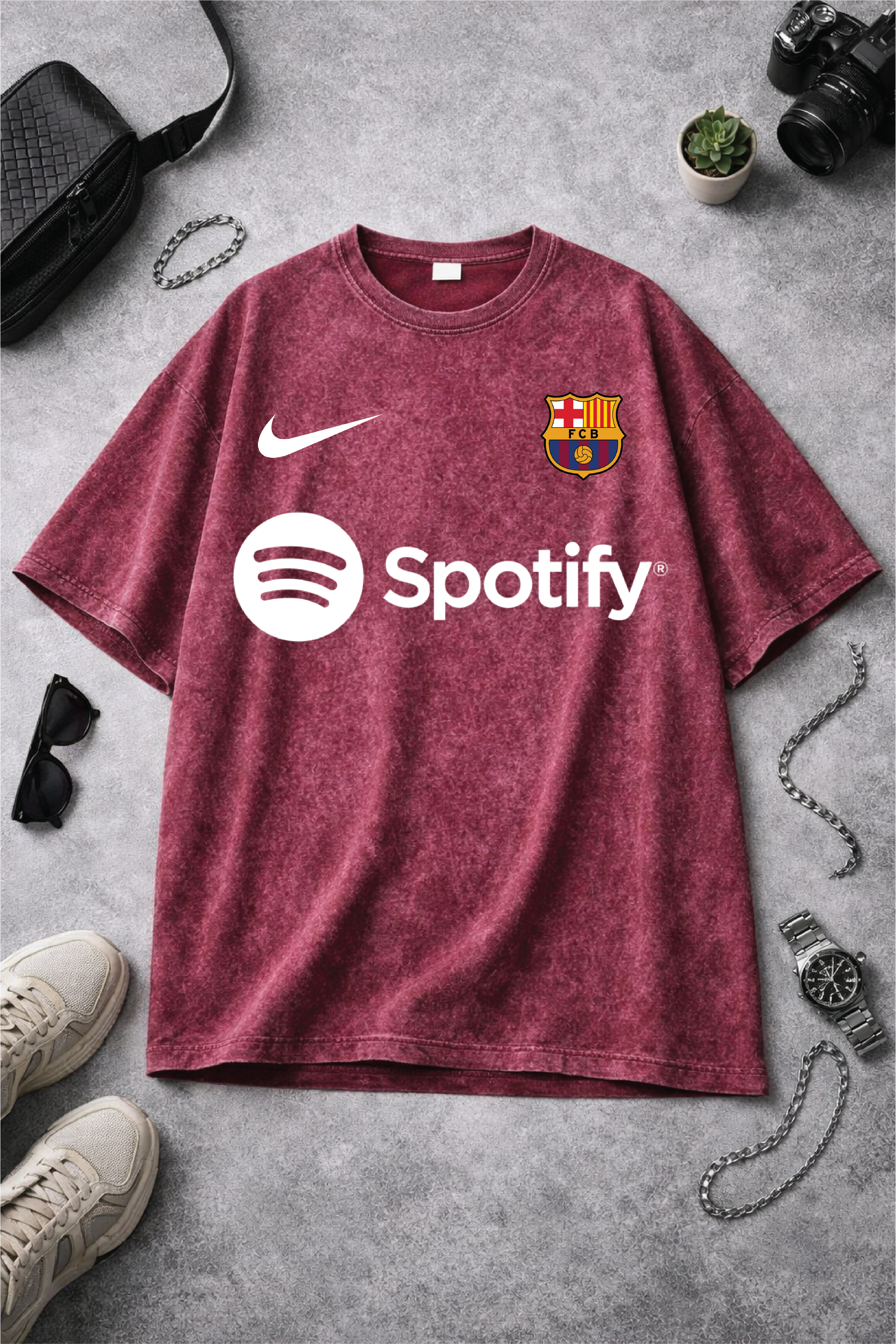 Barcelona Maroon Acid Wash Graphic Tee